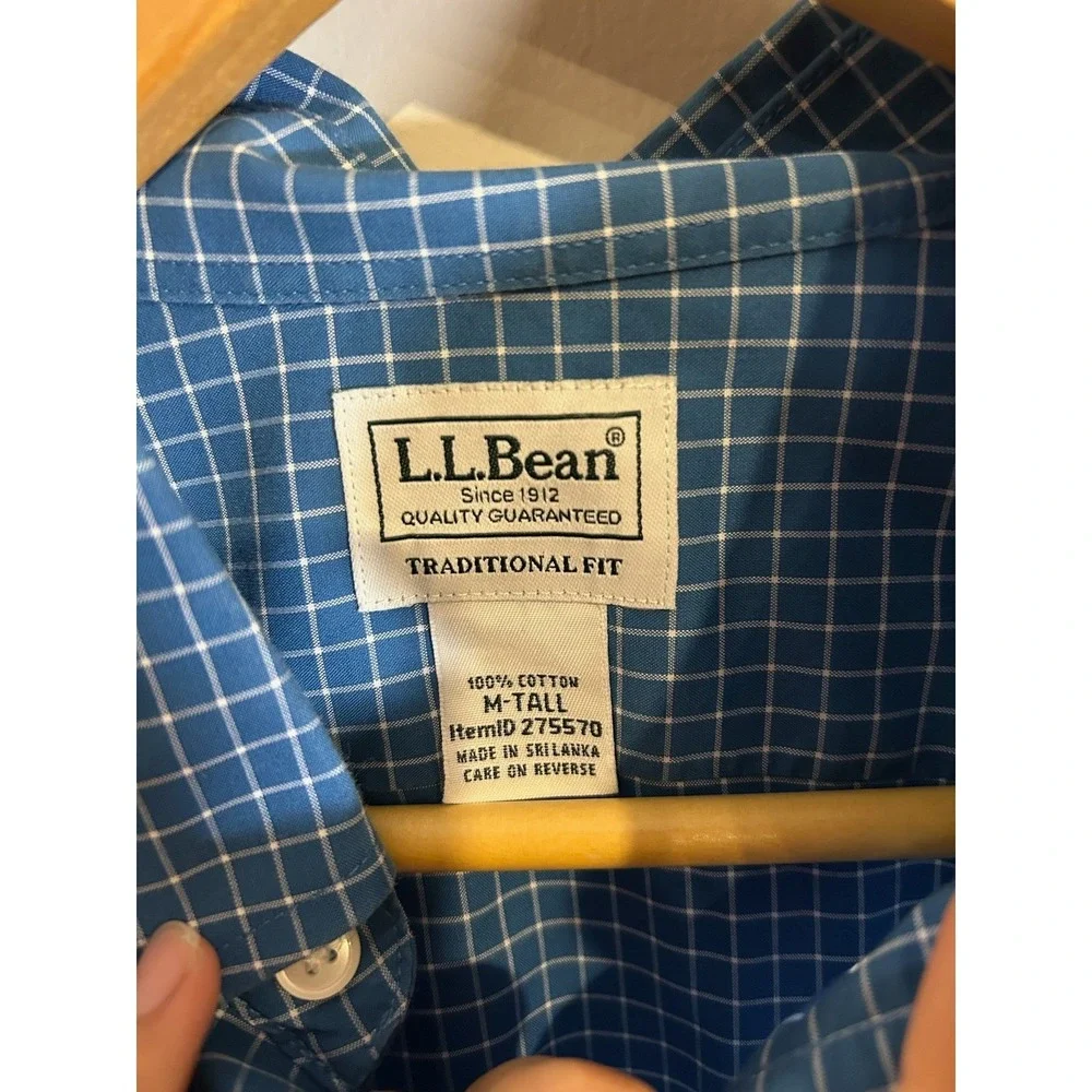 LL Bean Traditional Fit Long Sleeve Button Down Shirt Blue‎ Plaid M Tall